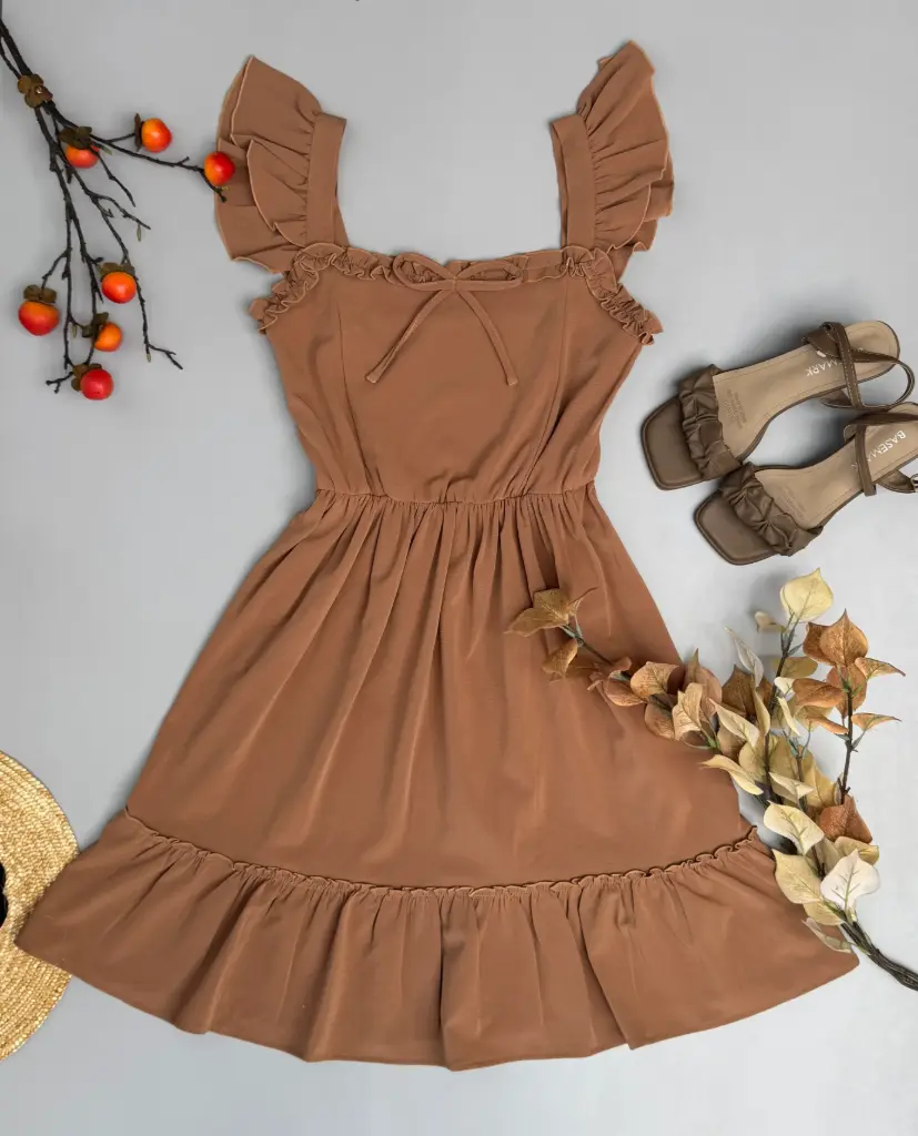 2.3982 HB25-07 RUFFLE MIDI DRESS (BROWN, S)