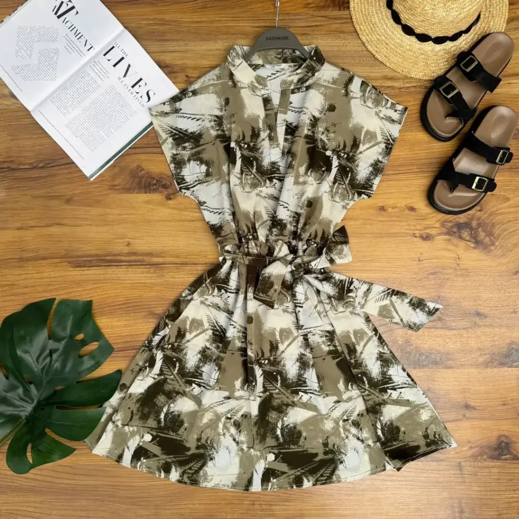 2.4225 HB25-33 Collar Neck Abstract Dress (CAMO GREEN, S)