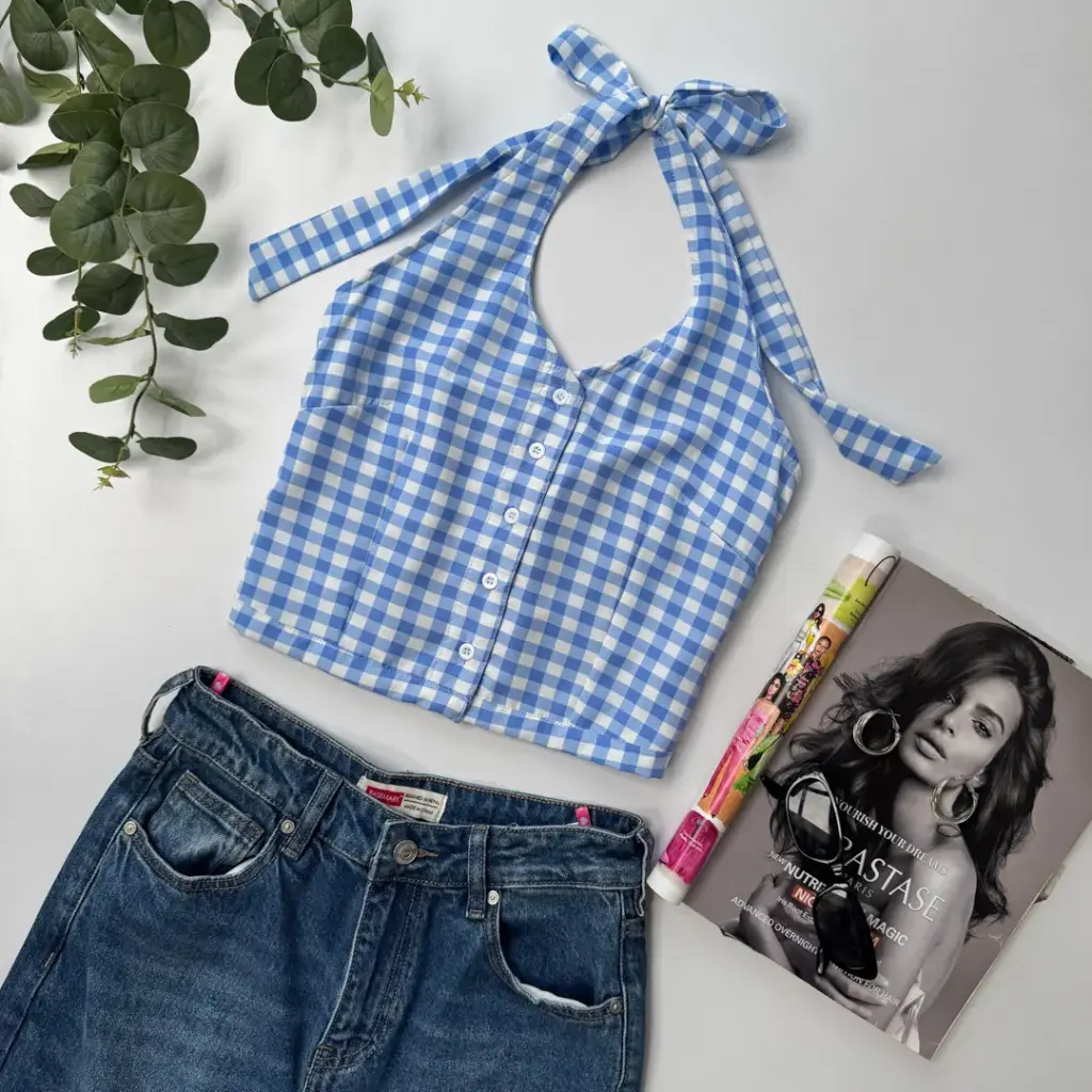 1.6945 BMKS SS25-05 HALTER CHECKERED TOP (BLUE, S)