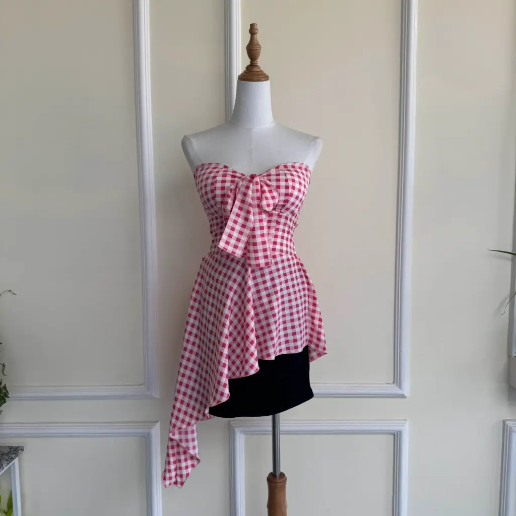 BMKS SS25-07 FLOUNCY CHECKERED TOP