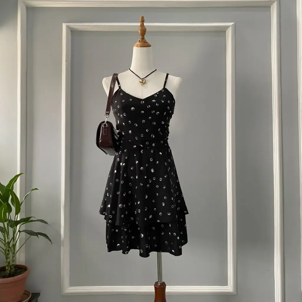 2.1168 HB SS25-74 Front Cross Two Tired Dress (BLACK, S)