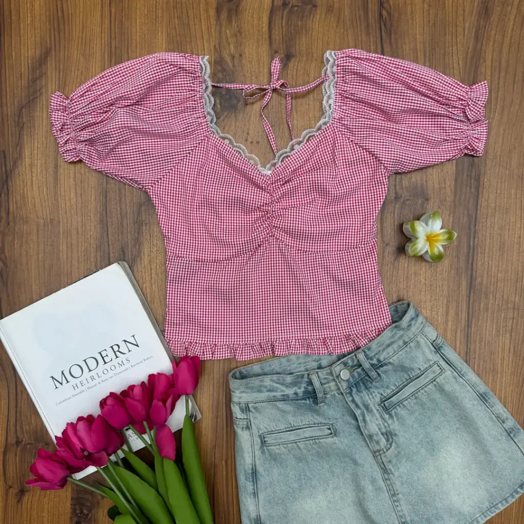 HB SS25-108 GINGHAM SWEETHEART TOP