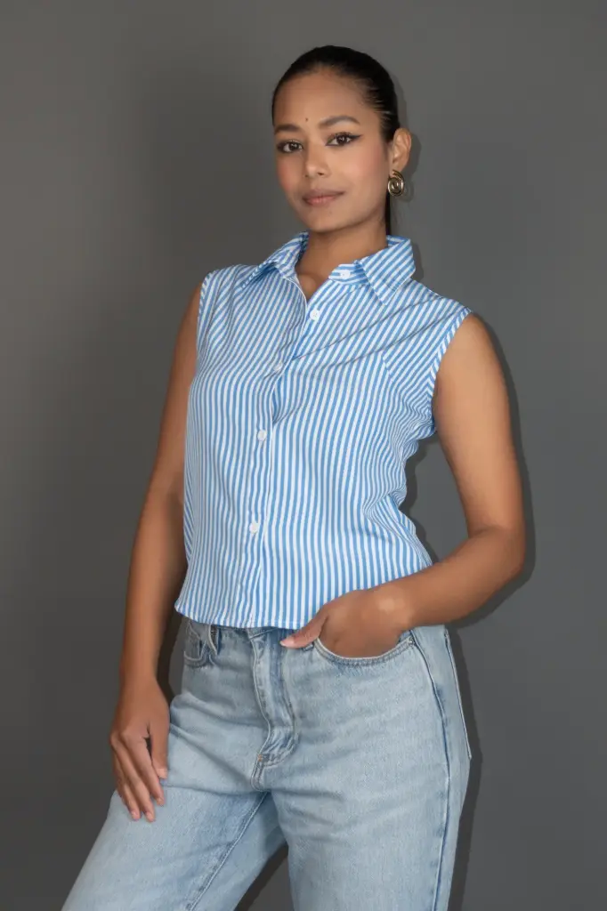 3.27932 HB SS25-177 CROP STRIPE SHIRT (BLUE, S)