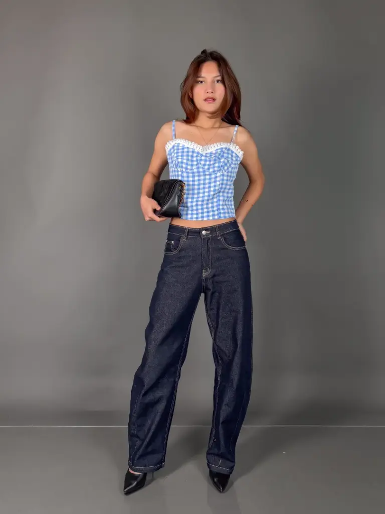 3.28893 BMKS SS25-21 MILKMAID CHECKERED TOP (BLUE, S)