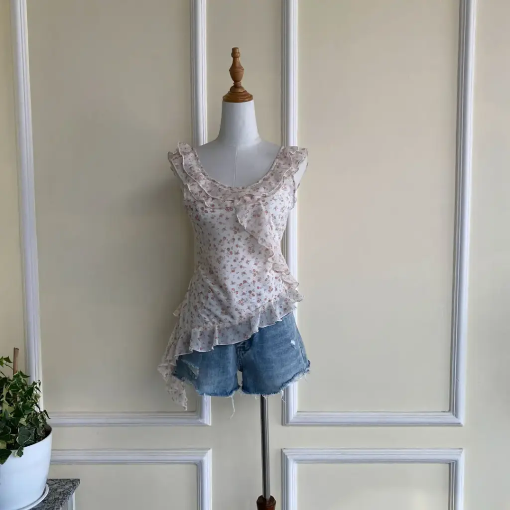 HB SS25-230 FLORAL RUFFLE ASYMMETRIC TOP