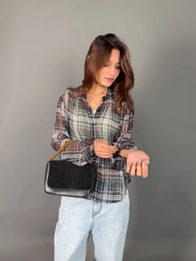 3.29157 HB SS25-182 SHEER CHECKERED SHIRT (BLACK, S)