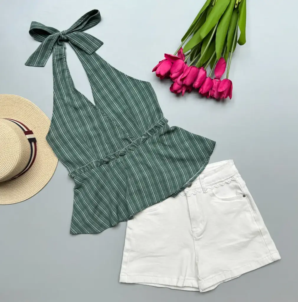 3.29368 HB SS25-220 CHECKERED HALTER TOP (GREEN, S)