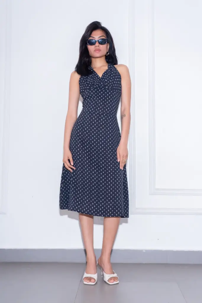 3.29585 HB SS25-236 FLORAL HALTER DRESS (BLACK, S)
