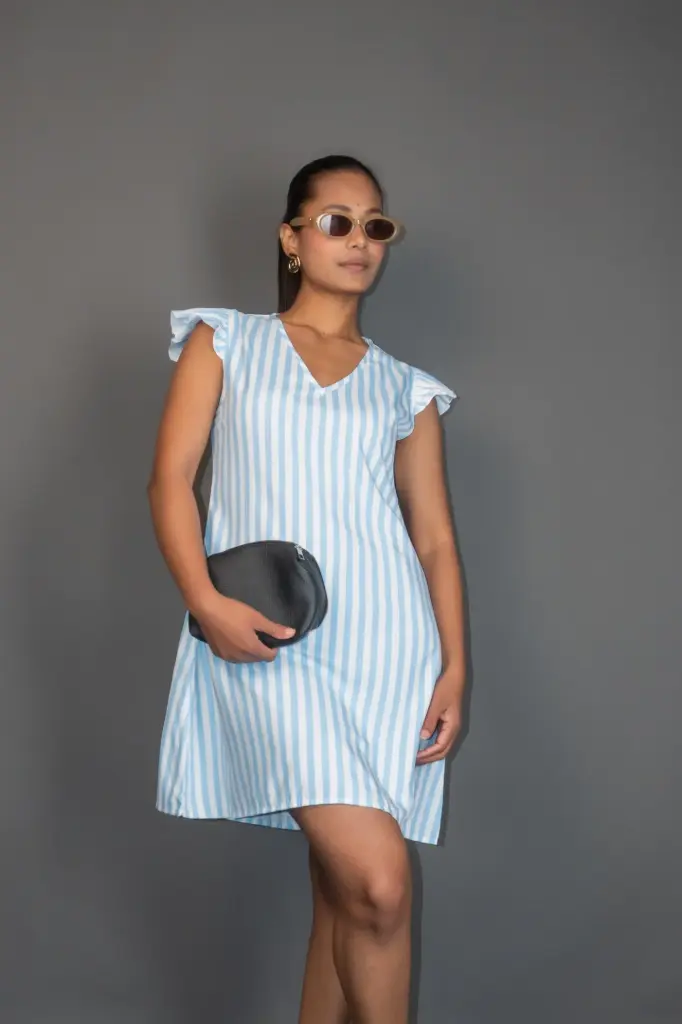 3.30664 HB SS25-251 STRIPE A LINE DRESS (BLUE, S)