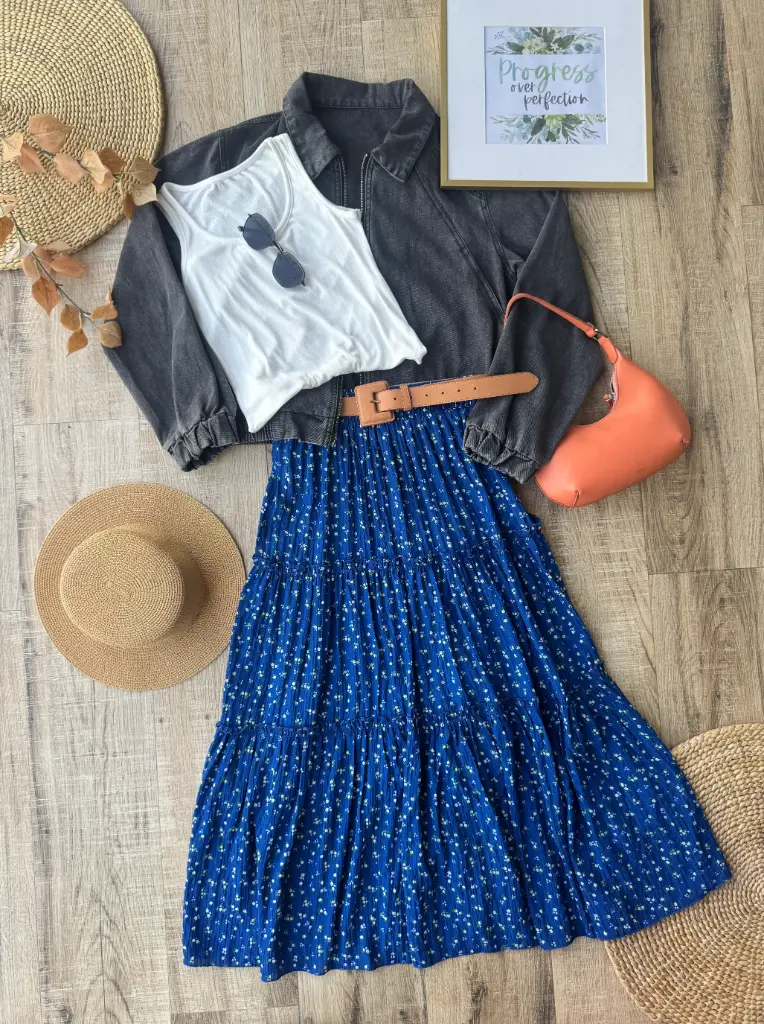 3.36332 HB SS25-393 PRINTED TIERED MAXI SKIRT (BLUE, M)