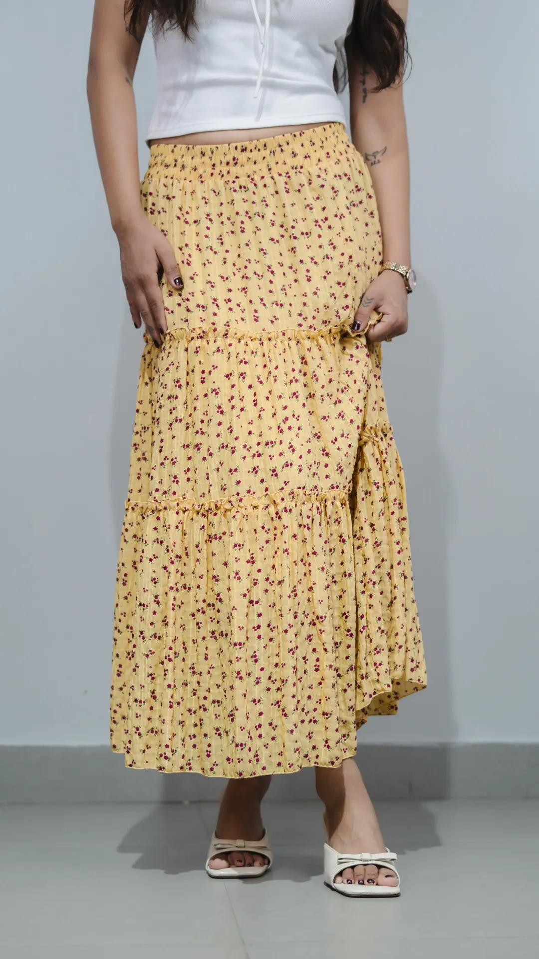 HB SS25-393 PRINTED TIERED MAXI SKIRT