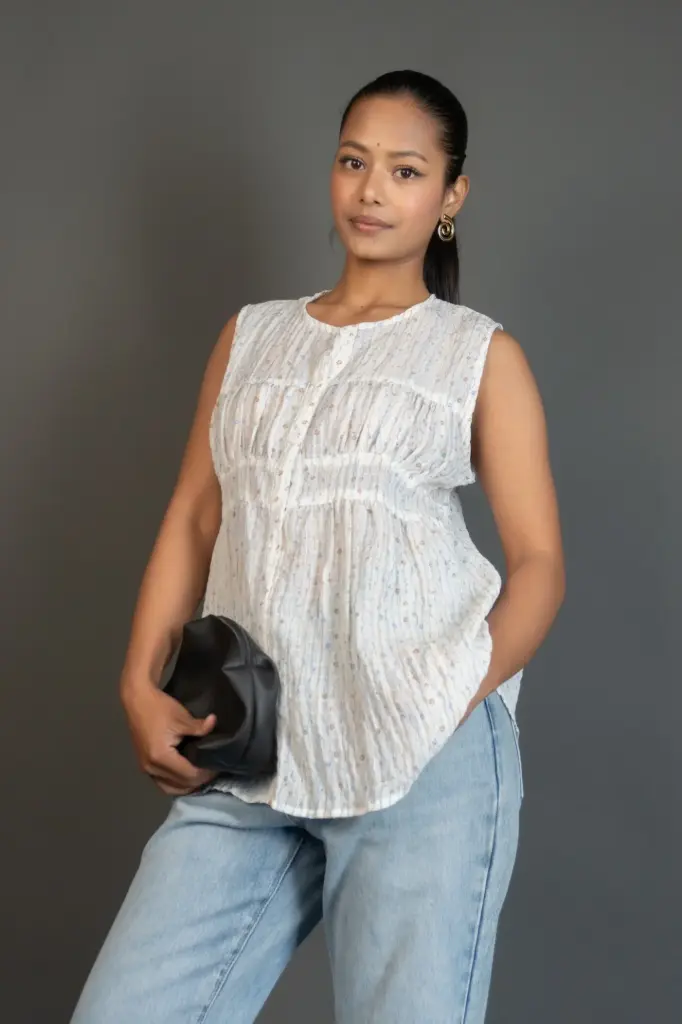 HB SS25-456 FLORAL WRINKLED TIERED TOP