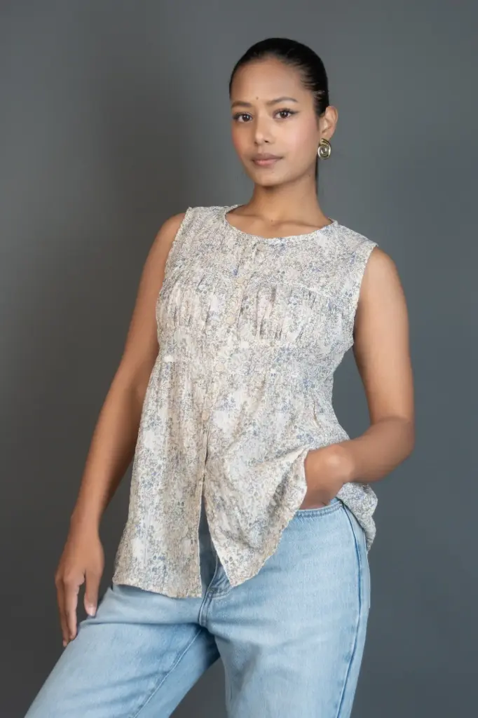HB SS25-456 FLORAL WRINKLED TIERED TOP