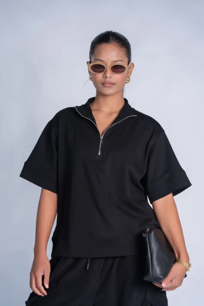 3.42082 HB SS25-430 QUARTER ZIP UP SWEATSHIRT (BLACK, S)