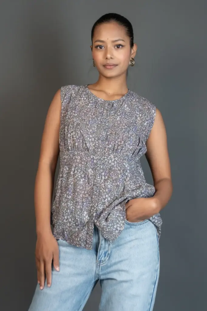 HB SS25-456 FLORAL WRINKLED TIERED TOP