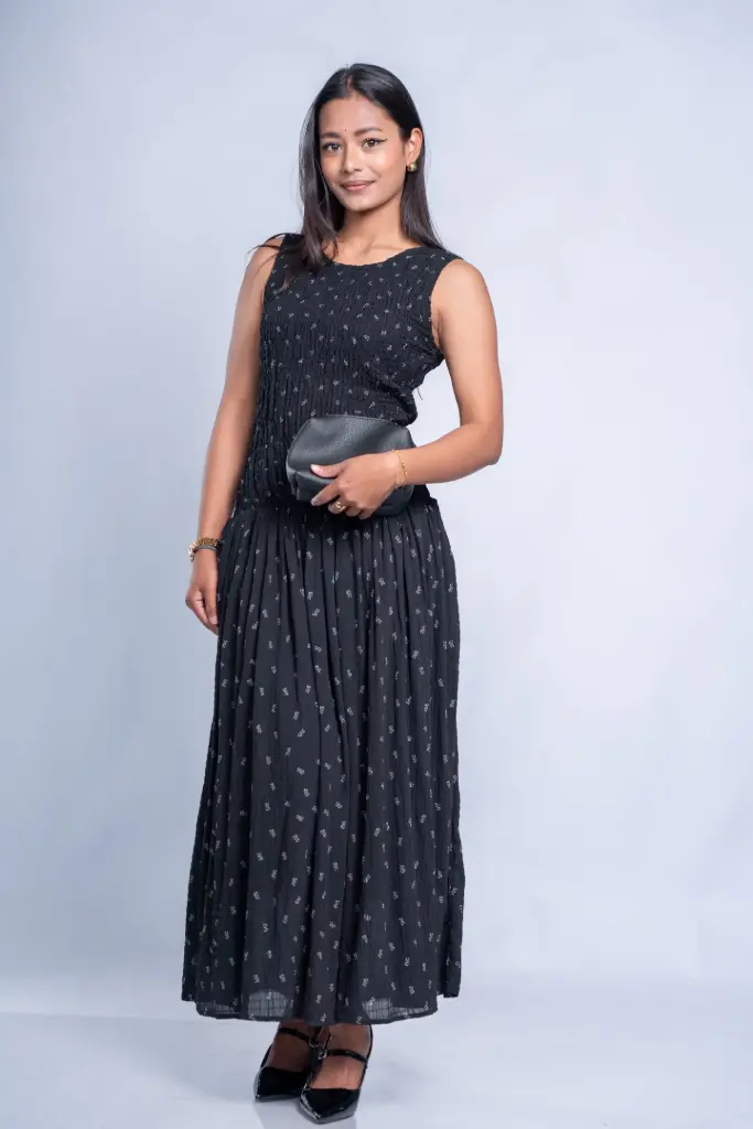 3.45268 HB SS25-474 FLORAL SMOCKED MAXI GOWN DRESS (BLUE, S)