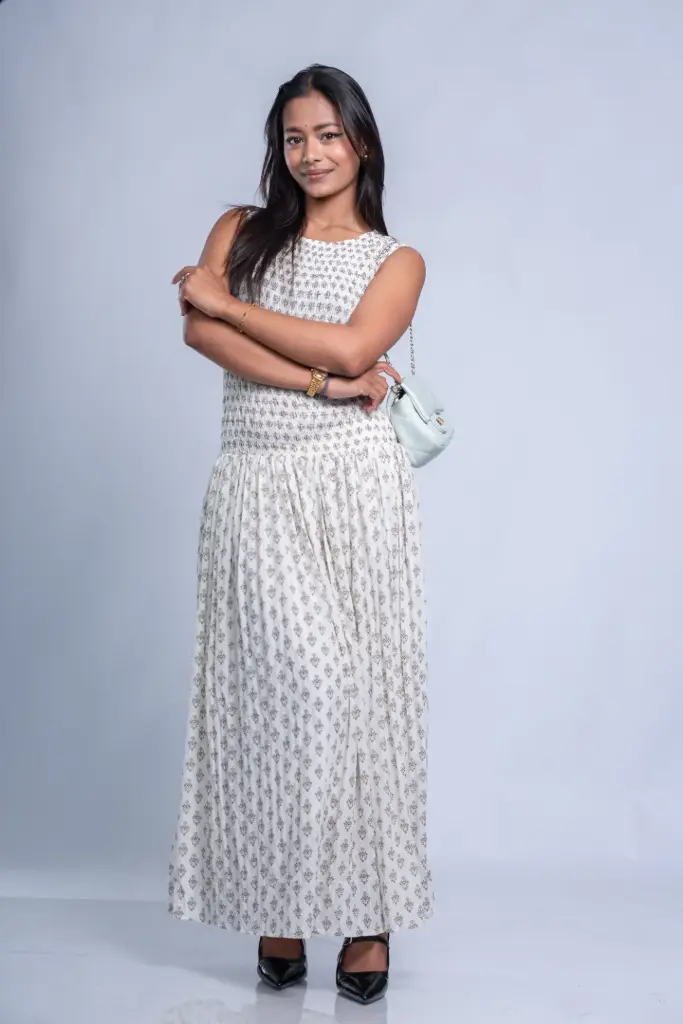 HB SS25-474 FLORAL SMOCKED MAXI GOWN DRESS