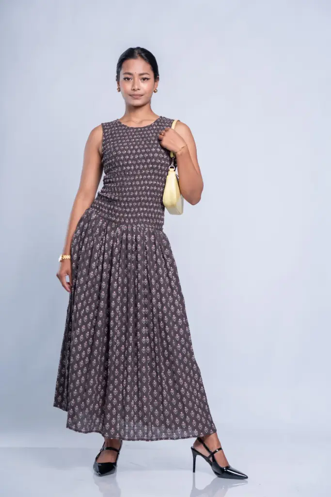 HB SS25-474 FLORAL SMOCKED MAXI GOWN DRESS