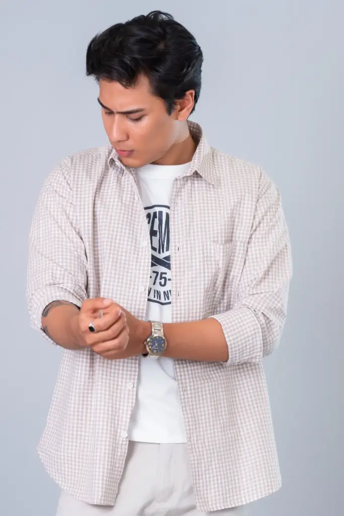 3.91162 BMNL SS26-05 MINI CHECK LINEN SHIRT (LIGHT BROWN, M)
