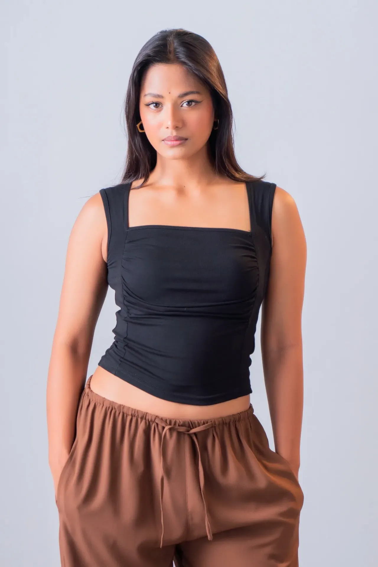 3.96636 HB SS26-270 RUCHED SQUARE NECK TOP (BLACK, S)