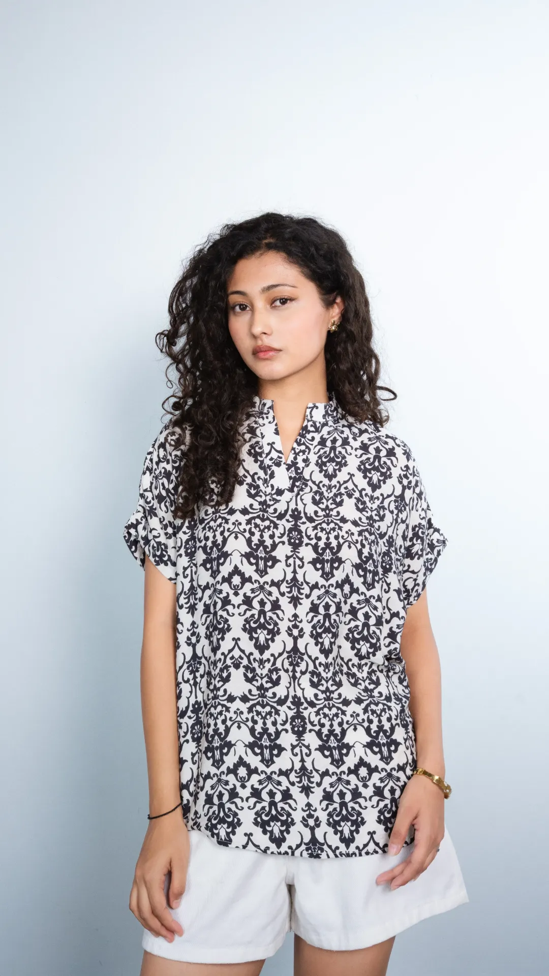 HB SS26-282 MANDARIN COLLAR PRINTED TOP