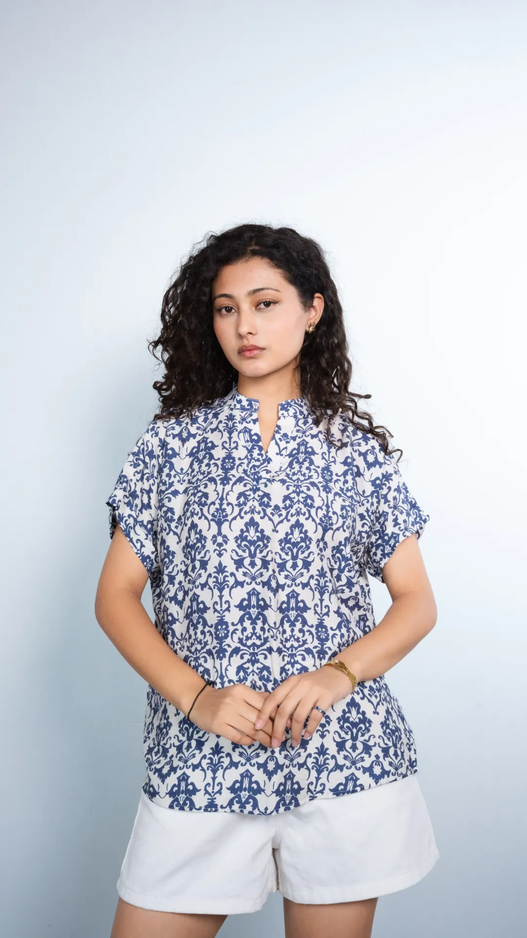 HB SS26-282 MANDARIN COLLAR PRINTED TOP